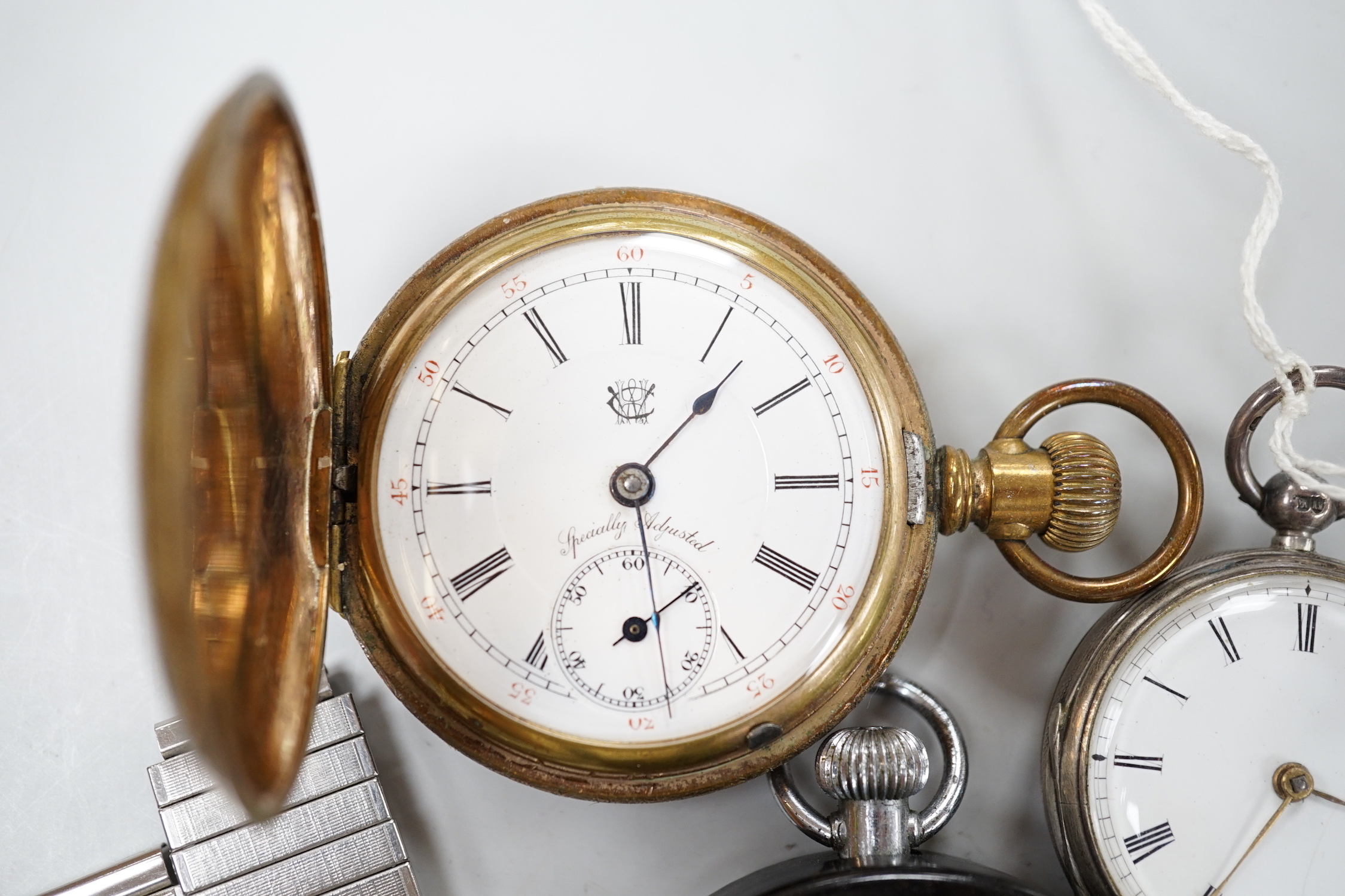 Twenty one assorted silver or base metal pocket watches including Waltham and Child of Birmingham, three wrist watches and a silver vesta case.